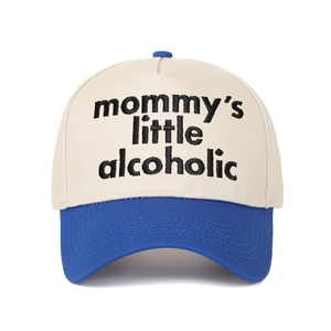 Close-up of the detailed black letter embroidery on this two-tone baseball cap