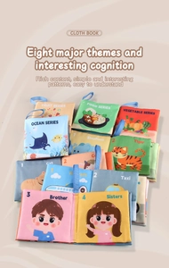 Vue détaillée de 12 livres en tissu pour bébé présentant huit thèmes et motifs colorés