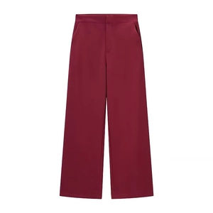 Formal red wide-leg high-waisted trousers with button closure and straight-leg silhouette