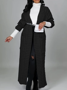 Cardigan lungo nero da donna con trama a trecce spessa e vestibilità comoda