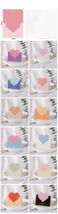 Detail view of heart-shaped greeting cards set in assorted pastel colors for various occasions