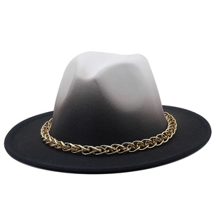 Ombre black and white wool felt fedora hat featuring a stylish gold metal chain decoration