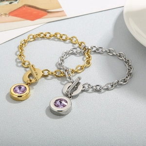 Gold and silver OT buckle chain bracelets with round lavender crystal pendants