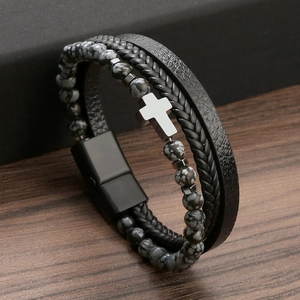 Detail of multi-layer leather bracelet with cross charm and natural stone beads