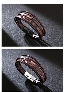 Close-up of multi-layer braided leather bracelet with strong magnetic metal clasps
