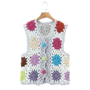 Gilet Crochet Femme Boho Vintage Fait Main Coloré Patchwork Col En V Sans Manches Tricot Top
