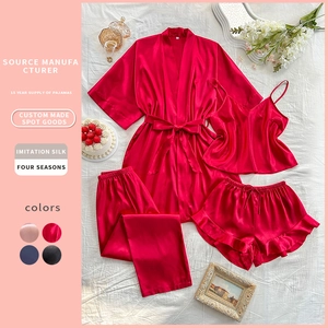 Women Satin Imitation Satin Loungewear Robe Camisole Shorts And Long Pants V-Neck Breathable Elegant Sleepwear