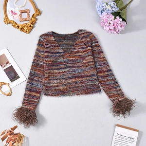 Detail of V-neck knit top showing multi-color stripes and brown faux fur cuffs