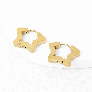 Minimalist gold star-shaped stainless steel huggie hoop earrings on white surface