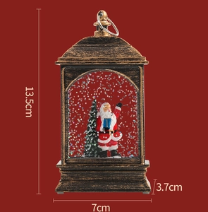 Detailed dimensions of antique bronze Christmas lantern with Santa and glitter snow