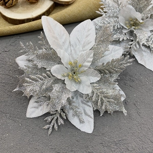 Sparkling silver glitter poinsettia artificial flower for Christmas wreath decor