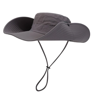 Waterproof wide brim dark grey cowboy hat with breathable mesh and adjustable wind cord