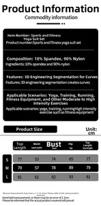 Detailed size chart for tie-dye yoga jumpsuit with measurements for S, M, and L sizes