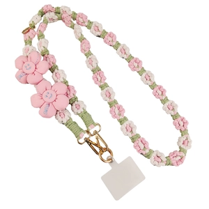 Handmade macrame flower phone lanyard with pink and green daisy chains and gold clips