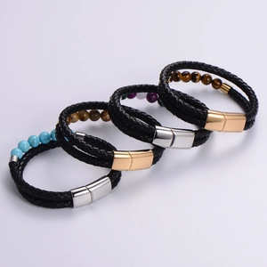 Pulseras de cuero trenzado para hombre con cierres magnéticos y varias cuentas de piedra natural
