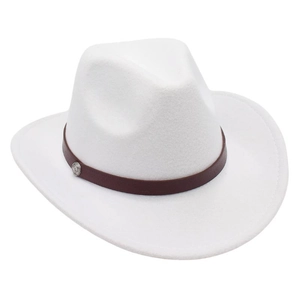 Detail of white felt cowboy hat with dark brown leather band and vintage silver buckle