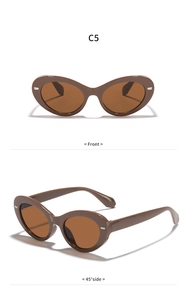 Close-up of brown oval cat-eye sunglasses showing front and 45-degree side view details