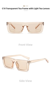 Front and side views of vintage rectangular sunglasses in transparent tea color frames