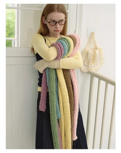 Detailed close-up showing thick knit wool scarf texture in various bright colors