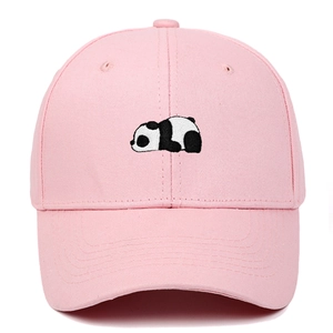 Close-up of pink cotton baseball cap featuring detailed giant panda embroidery and stitching