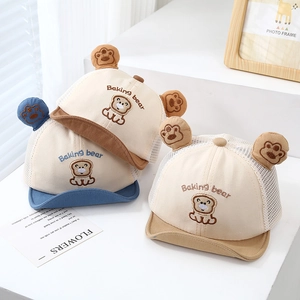 Infant mesh baseball cap with cute bear embroidery and soft brim for sun protection