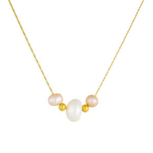 Elegant gold chain necklace with irregular white and pink pearls on white background