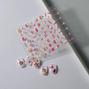 3D embossed candy dessert nail stickers in pink tones with textured relief effects