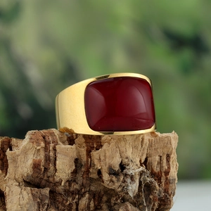 Mens gold stainless steel signet ring with a large red rectangle cat-eye stone