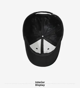 Detail view of black baseball cap interior featuring breathable mesh and sweatband