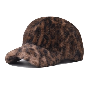 Faux fur leopard print baseball cap in brown plush with a classic warm curved brim