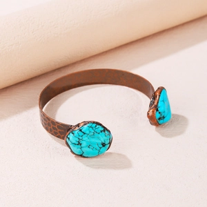 Turquoise Cuff Bracelet Copper Alloy Hammered Texture Adjustable Open Bangle Retro Bohemian Ethnic Style For Women