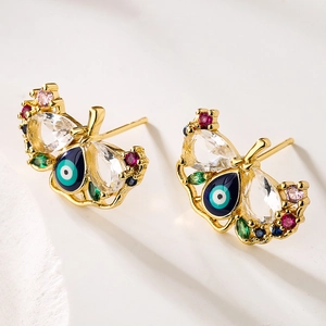 Exquisite gold-plated butterfly stud earrings featuring evil eye zircon and colorful gems