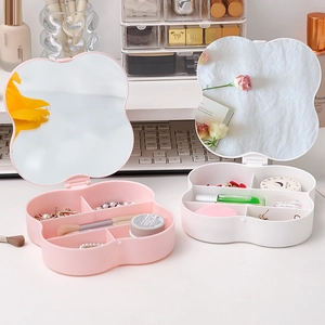 Clover Shaped Makeup Mirror And Jewelry Storage Box Plastic Folding Portable Compartmentalized Organizer For Women