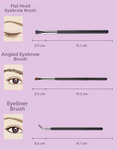 Detailed size specifications for wood handle eyebrow and eyeliner brushes in professional set