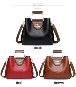 Three color options of large PU leather tote bags in black, red, and brown colors