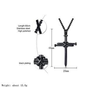 Detail of 60cm black plated stainless steel cross pendant with high polished finish
