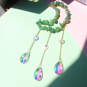 Moon suncatcher with green aventurine stones and rainbow crystal prisms for garden