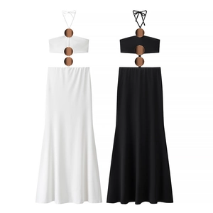 Women's backless long dress set with waist metal ring detail in black and white