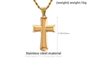 Polished gold stainless steel cross pendant measuring 38x25mm with a sturdy rope chain
