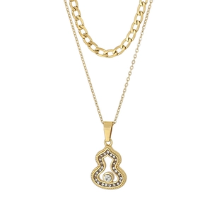 Double-layer stainless steel gold necklace with hollow Wulu pendant and crystals