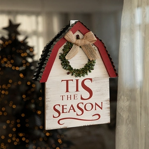 Tis the Season wooden barn-shaped Christmas door sign with red metal roof and wreath