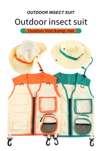 Close-up of kids outdoor adventure vests with multi-pockets and matching safari hats