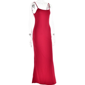 Close-up of a red backless slim-fit maxi dress featuring elegant spaghetti straps