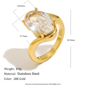 Luxurious 18K gold plated stainless steel ring with a large oval zircon stone