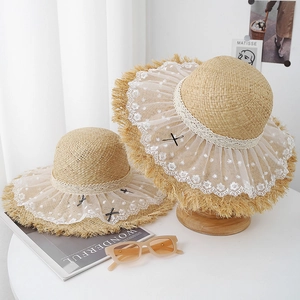 Chapeau De Paille Femme Avec Dentelle Et Nœud Respirant Large Bord Style Vacances Plage Été