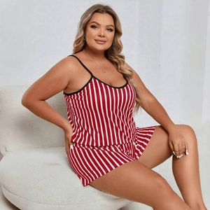 Detail of red and white striped pajama set featuring camisole top and casual shorts