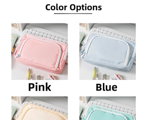 Front window multi-layer pencil cases in pastel pink blue yellow and mint green colors