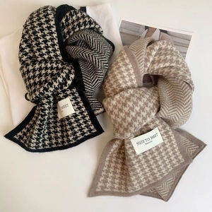 Knitted Houndstooth Scarf Herringbone Pattern Thick Warm Winter Neck Warmer Vintage Patchwork Accessory For Men Women