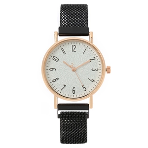 Fashion women's watch with gold case, white textured dial and black magnetic mesh strap