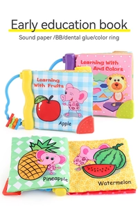 Detail of infant cloth book featuring fruit patterns, sound paper, and a soft teething corner
